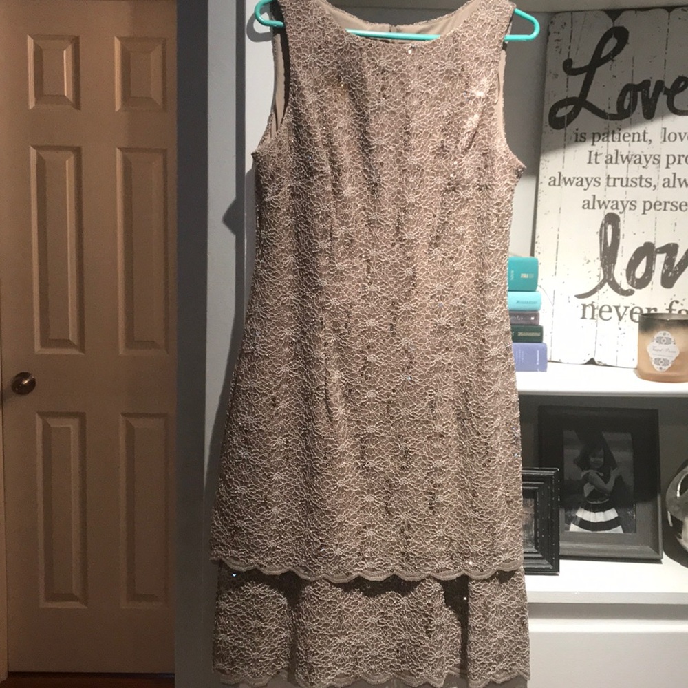 Alex evening dress champagne color w/gold sequins.